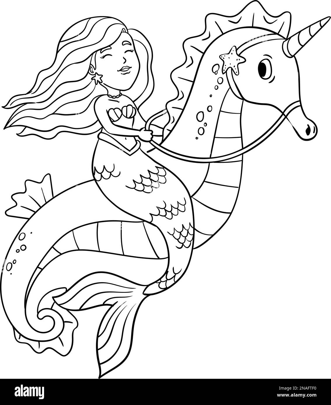 Mermaid riding sea horse isolated coloring page stock vector image art