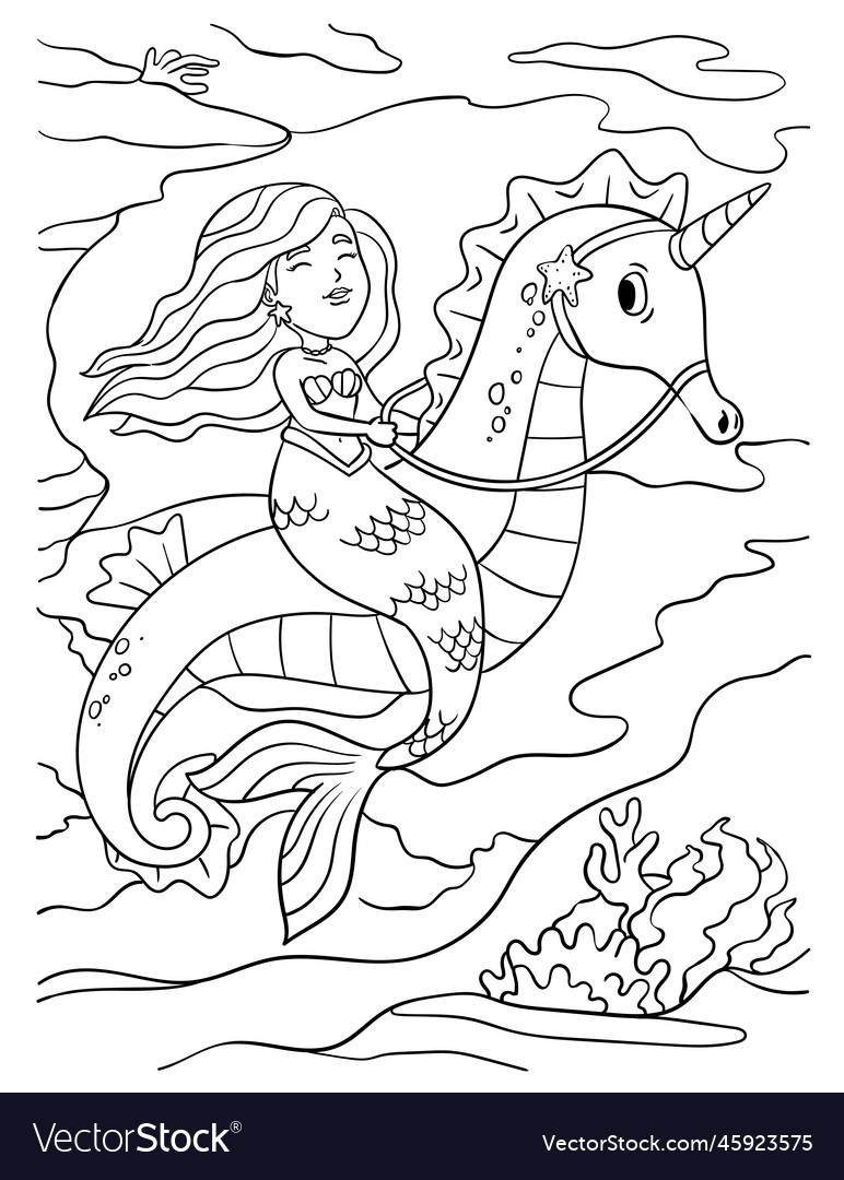 Mermaid riding sea horse coloring page for kids vector image