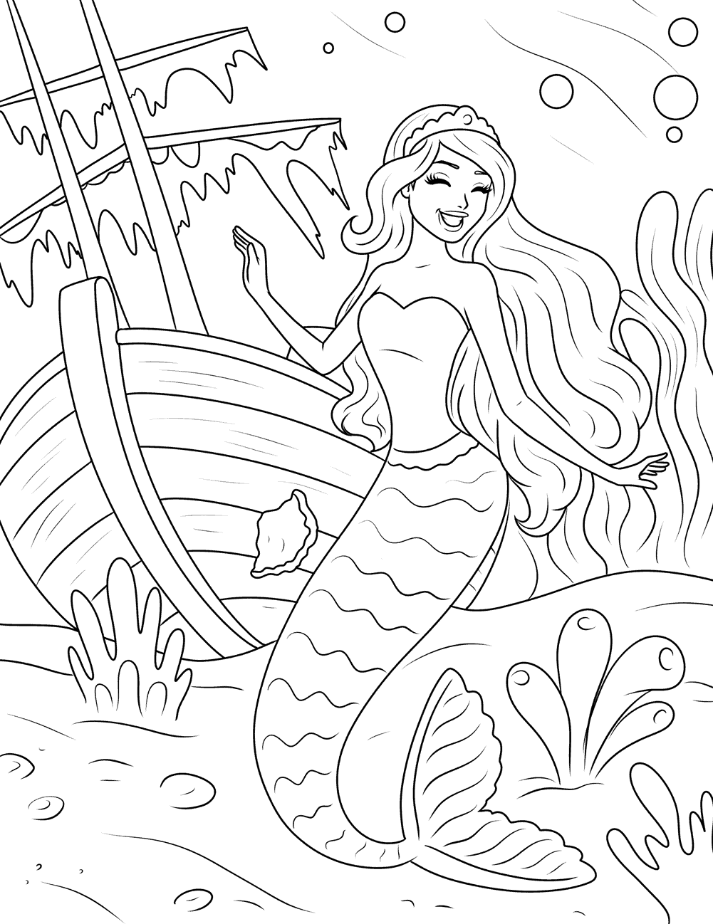 Mermaid and shipwreck coloring page