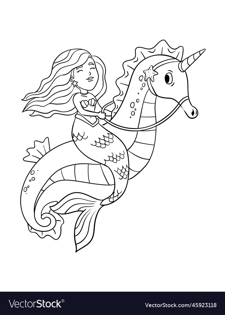 Mermaid riding sea horse isolated coloring page vector image