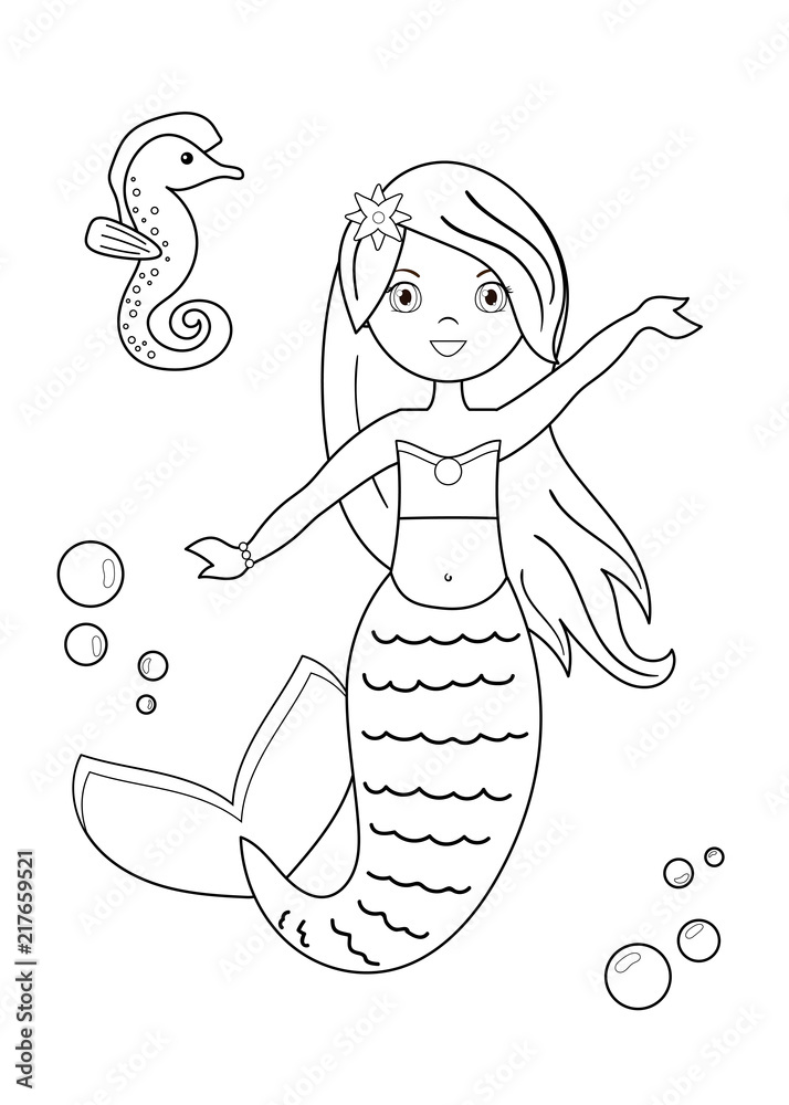 Cartoon mermaid with seahorse coloring page for children vector illustration vector