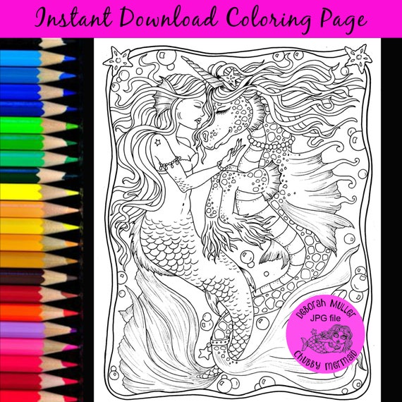 Mermaid and seahorse love coloring page instant download digital coloring page jpg