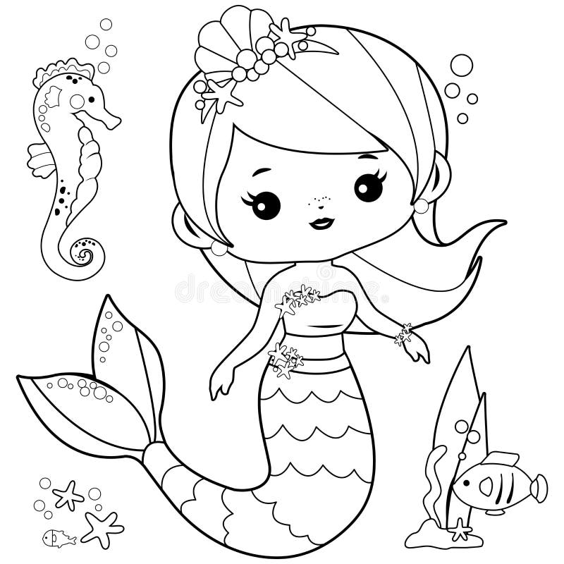 Beautiful mermaid and sea animals vector black and white coloring page stock vector
