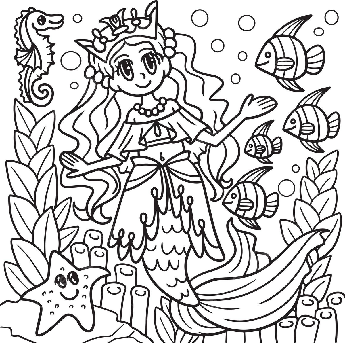 Mermaid princess coloring page for kids underwater seahorse fairytale vector horse drawing mermaid drawing fairy drawing png and vector with transparent background for free download