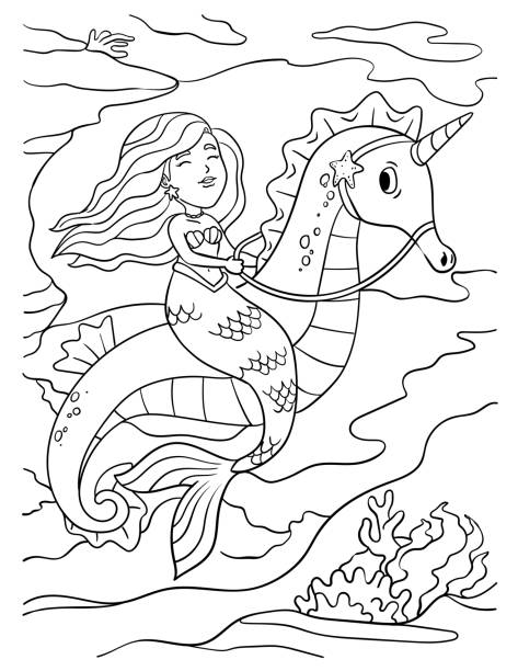 Mermaid riding sea horse coloring page for kids stock illustration