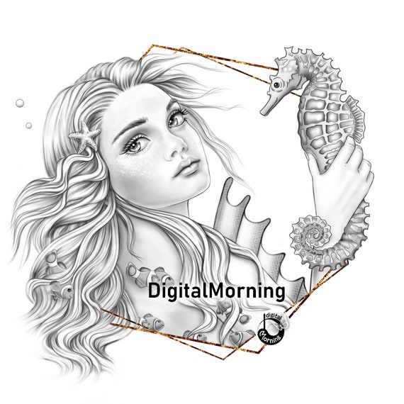Mermaid coloring page pdf for adult grayscale coloring a a coloring page stayhome beauty coloring page