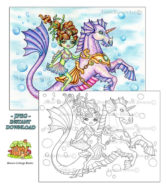 Mermaid coloring page line art instant download printable mermaids seahorse rider by annie brown hand