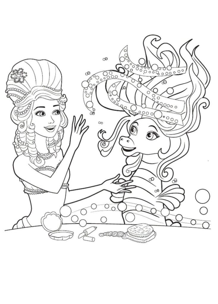 Barbie mermaid and a seahorse coloring page