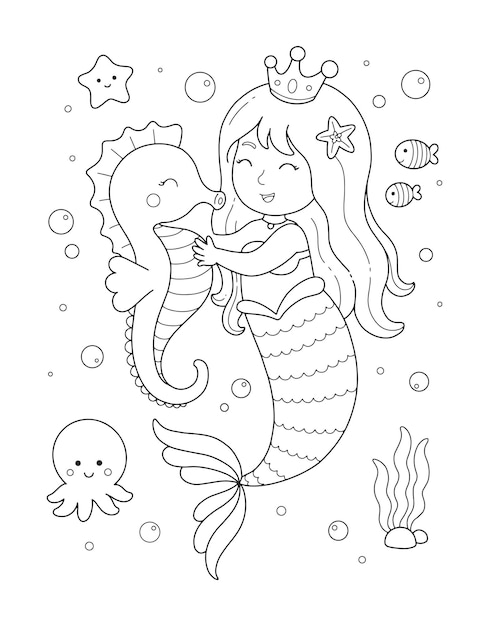 Premium vector little mermaid and cute seahorse coloring illustration