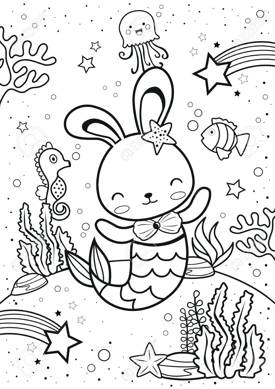 Bunny mermaid with friends coloring page kids coloring book worksheet for children royalty free svg cliparts vectors and stock illustration image