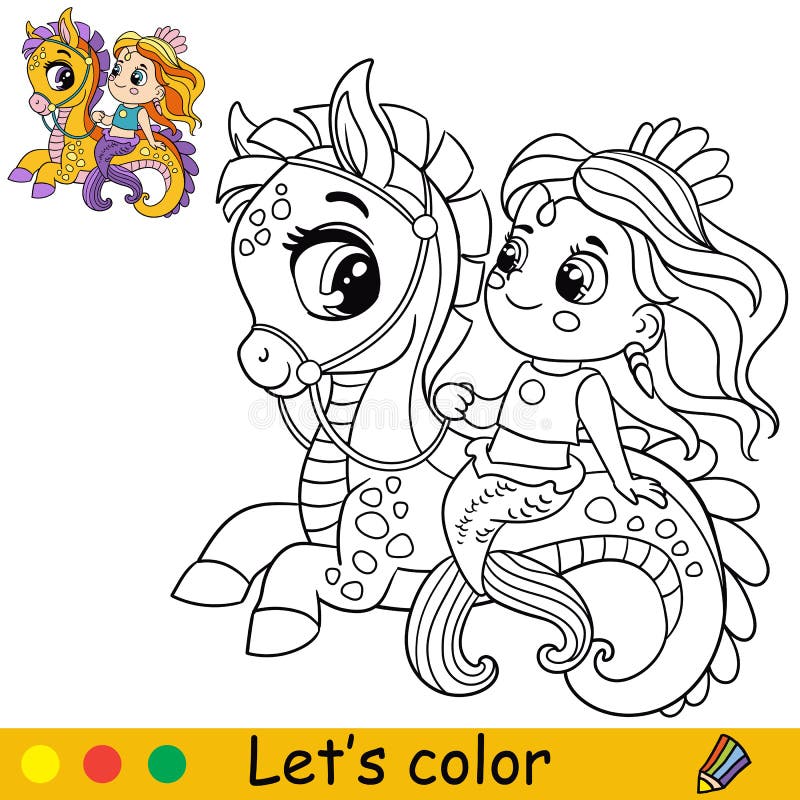 Cartoon cute and funny mermaid riding a seahorse coloring stock vector