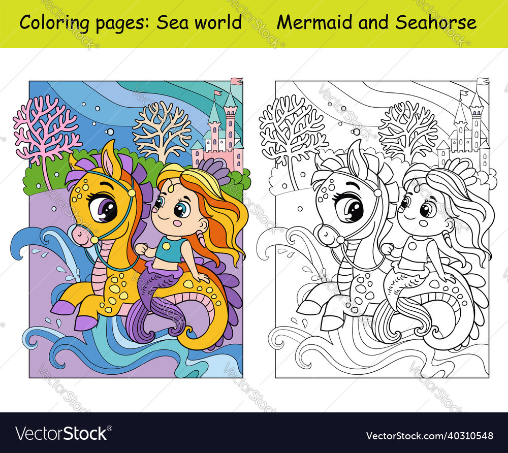 Coloring and color cute mermaid rides a seahorse vector image