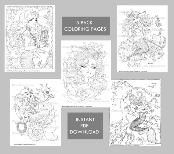 Mermaids fantasy pack line art coloring pages ocean seahorse