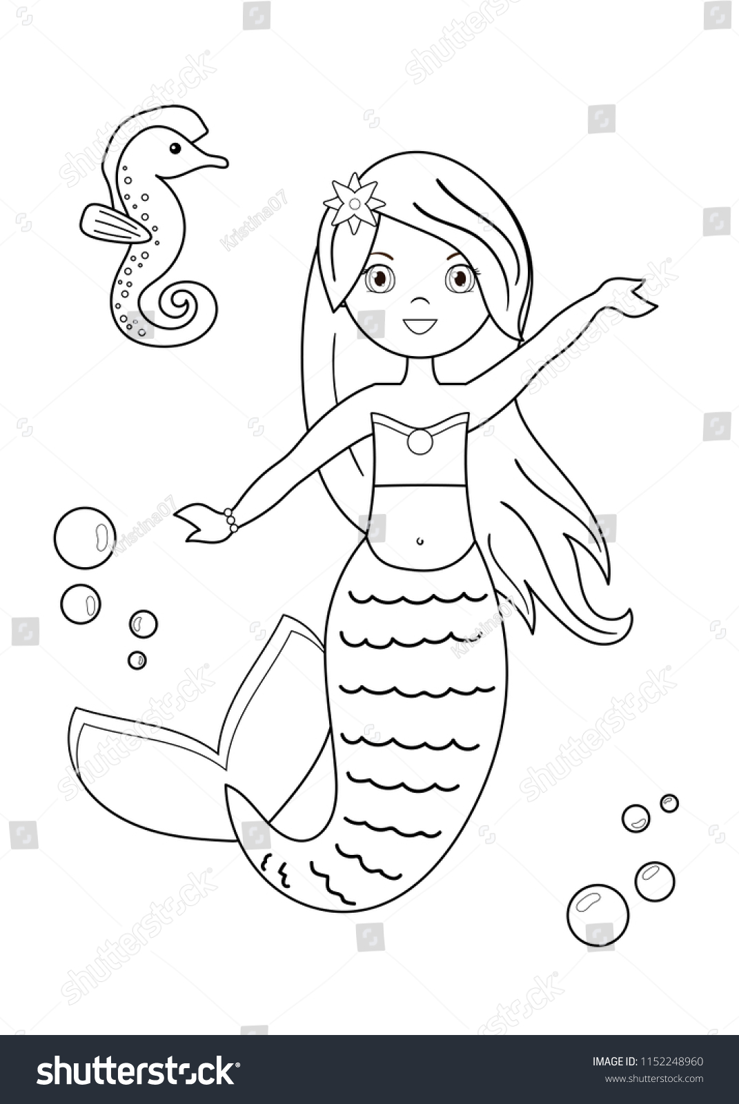 Cartoon mermaid seahorse coloring page children stock vector royalty free