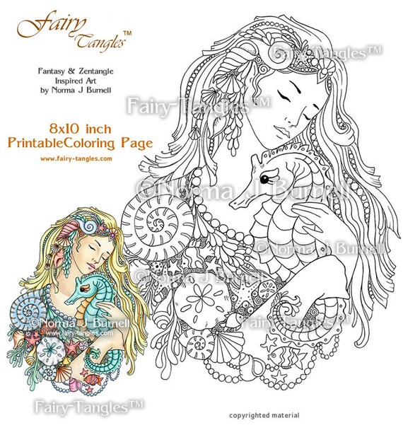 Deep love mermaid seahorse fairy tangles printable coloring books sheets pages norma burnell mermaids digital adult coloring for grownups