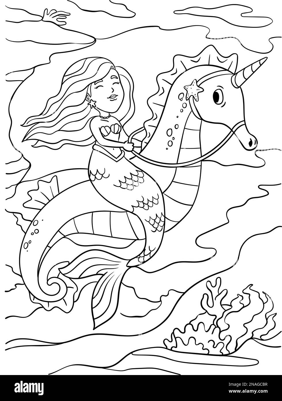 Mermaid riding sea horse coloring page for kids stock vector image art