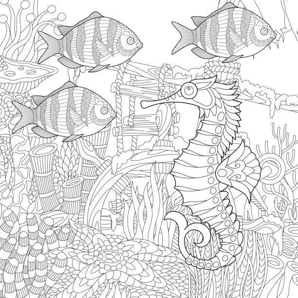 Stylized sea horse and fish stock illustration