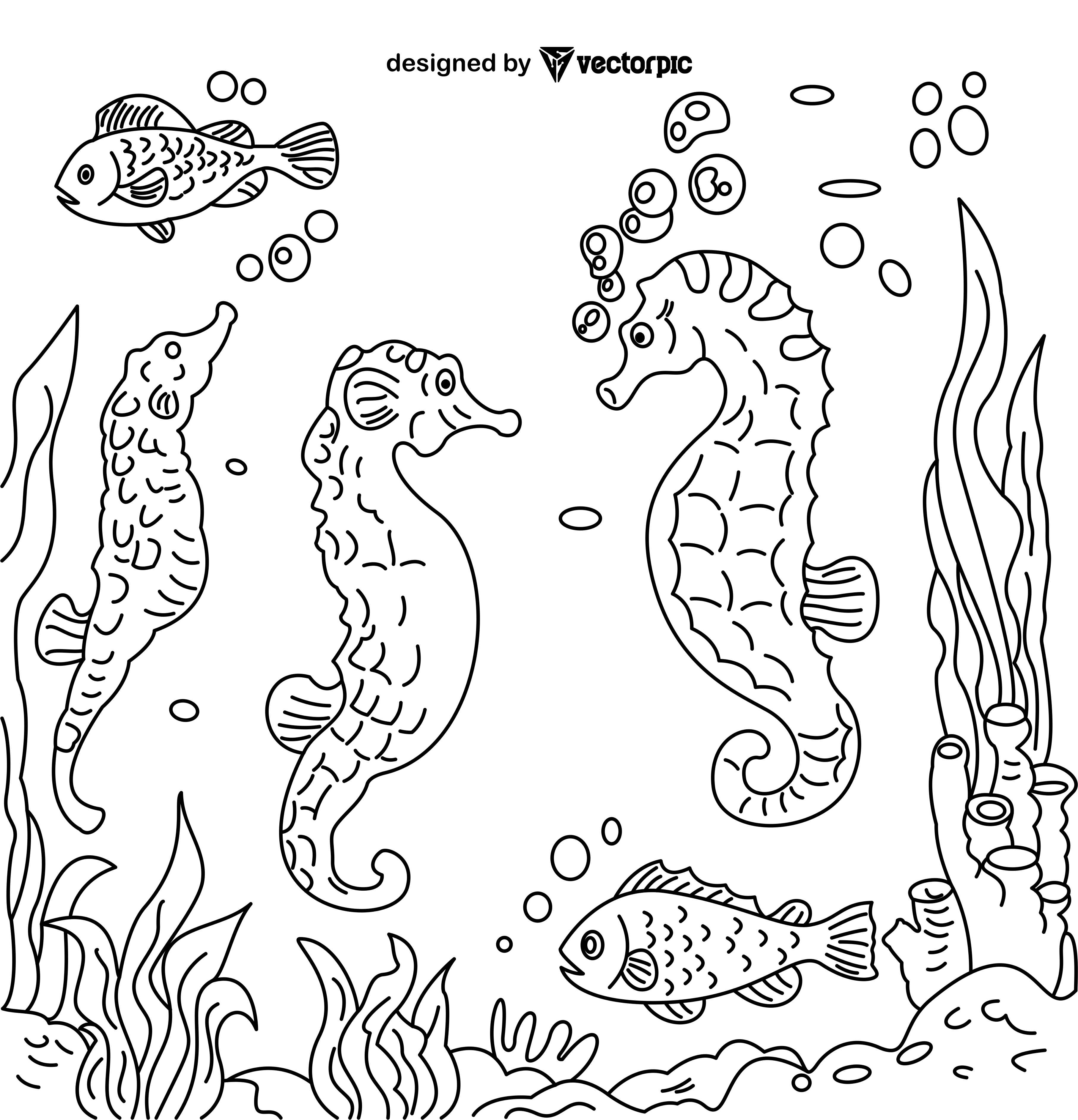 Underwater seahorses coloring pages for kids adults design free vector