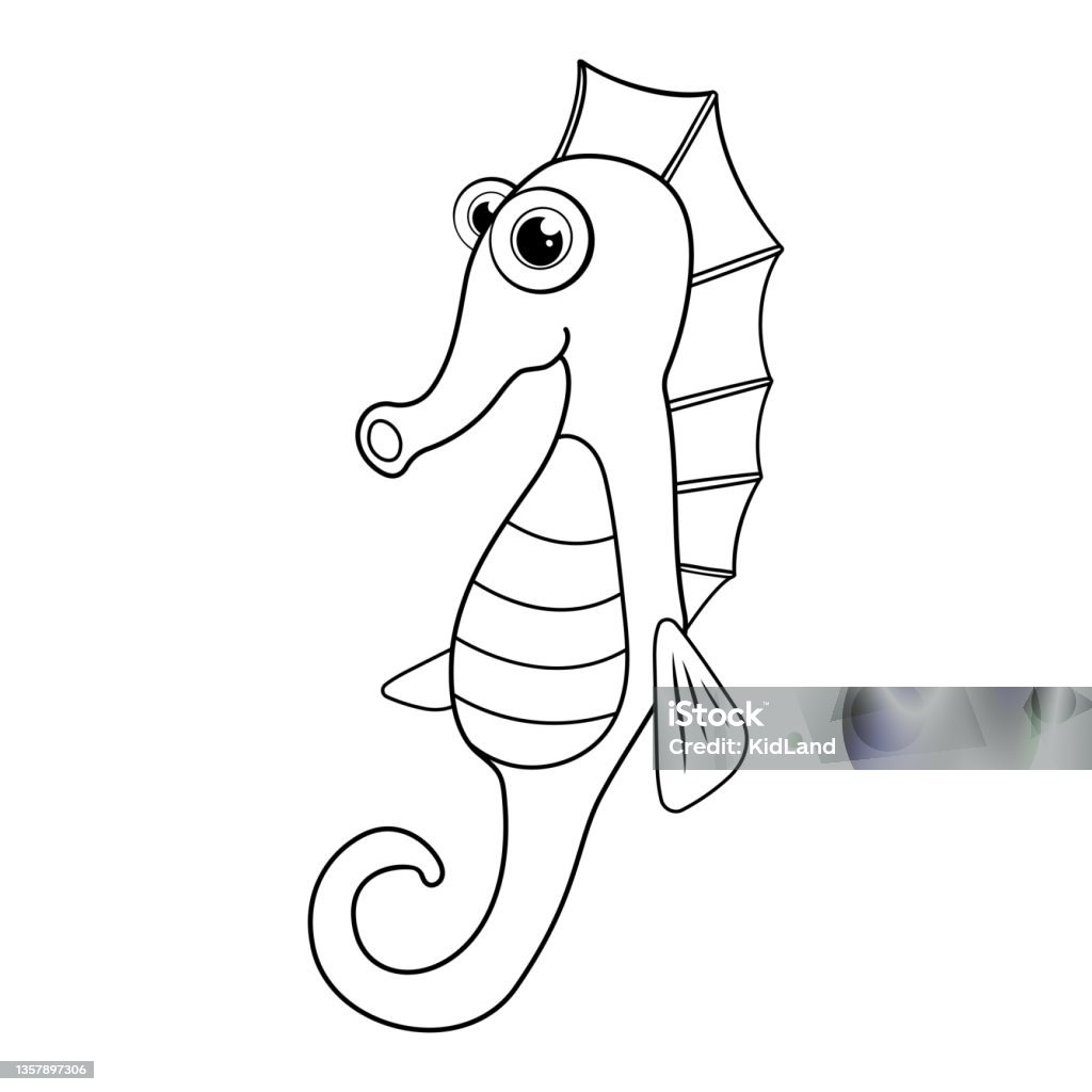 Colorless cartoon sea horse coloring page template page for coloring book of funny sea fish for kids aquatic creature practice worksheet or antistress page for child cute outline education game stock illustration