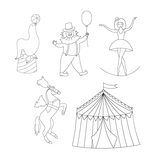 Premium vector vector black and white set with circus animals isolated on white cute funny festival characters clipart edians coloring page with clown gymnast seal and horse