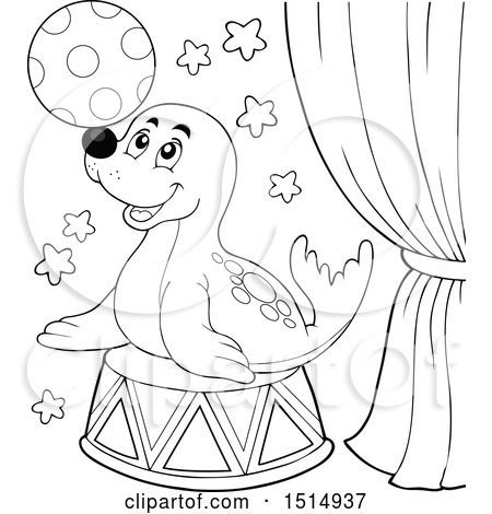 Clipart of a black and white circus seal playing with a ball