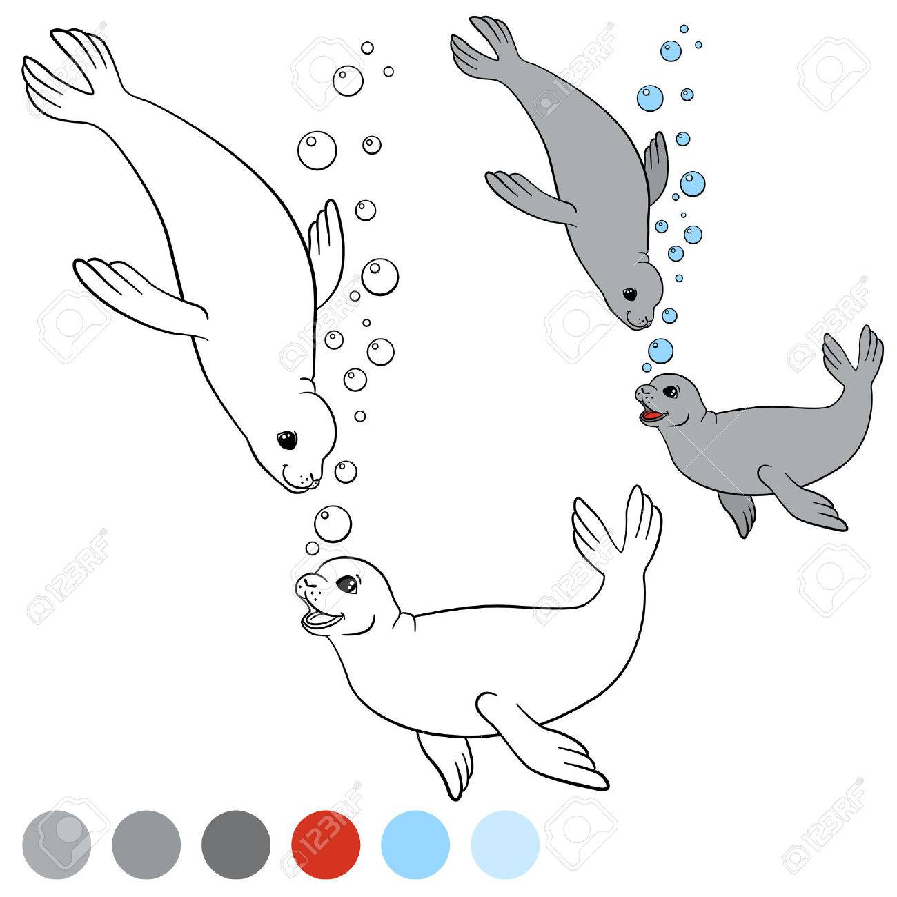 Coloring page with colors two little cute seals swim and smile royalty free svg cliparts vectors and stock illustration image