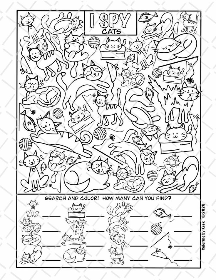 I spy cats coloring page printout instant download search and count activity for kids cute cat and kitten doodles download now