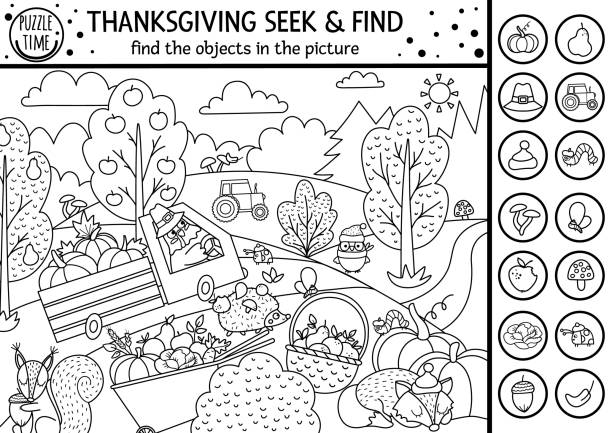 Vector black and white thanksgiving searching game or coloring page with cute turkey in the field spot hidden objects simple seek and find s outline autumn or farm printable activity stock illustration