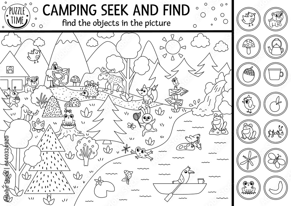 Vector black and white camping searching game or coloring page with cute animals in the forest