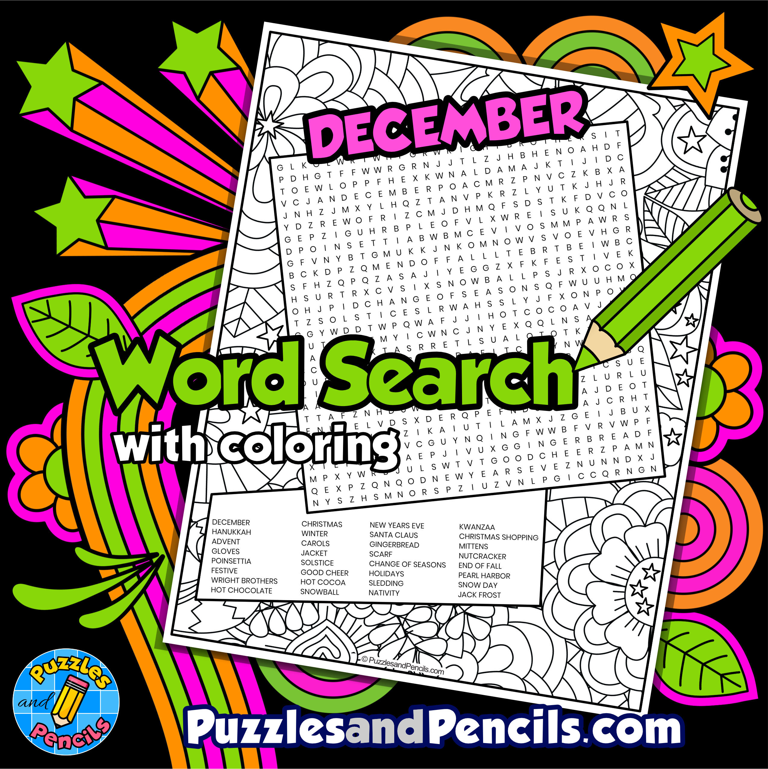 December word search puzzle activity page with coloring made by teachers