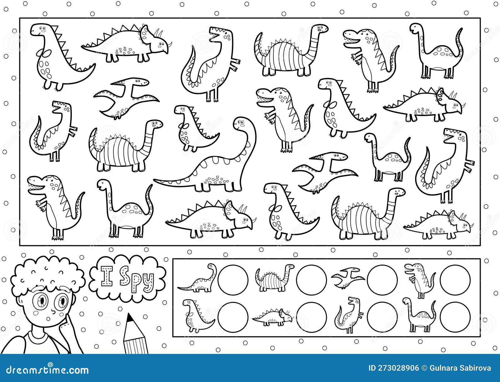 I spy game coloring page for kids find and count cute dinosaurs stock vector