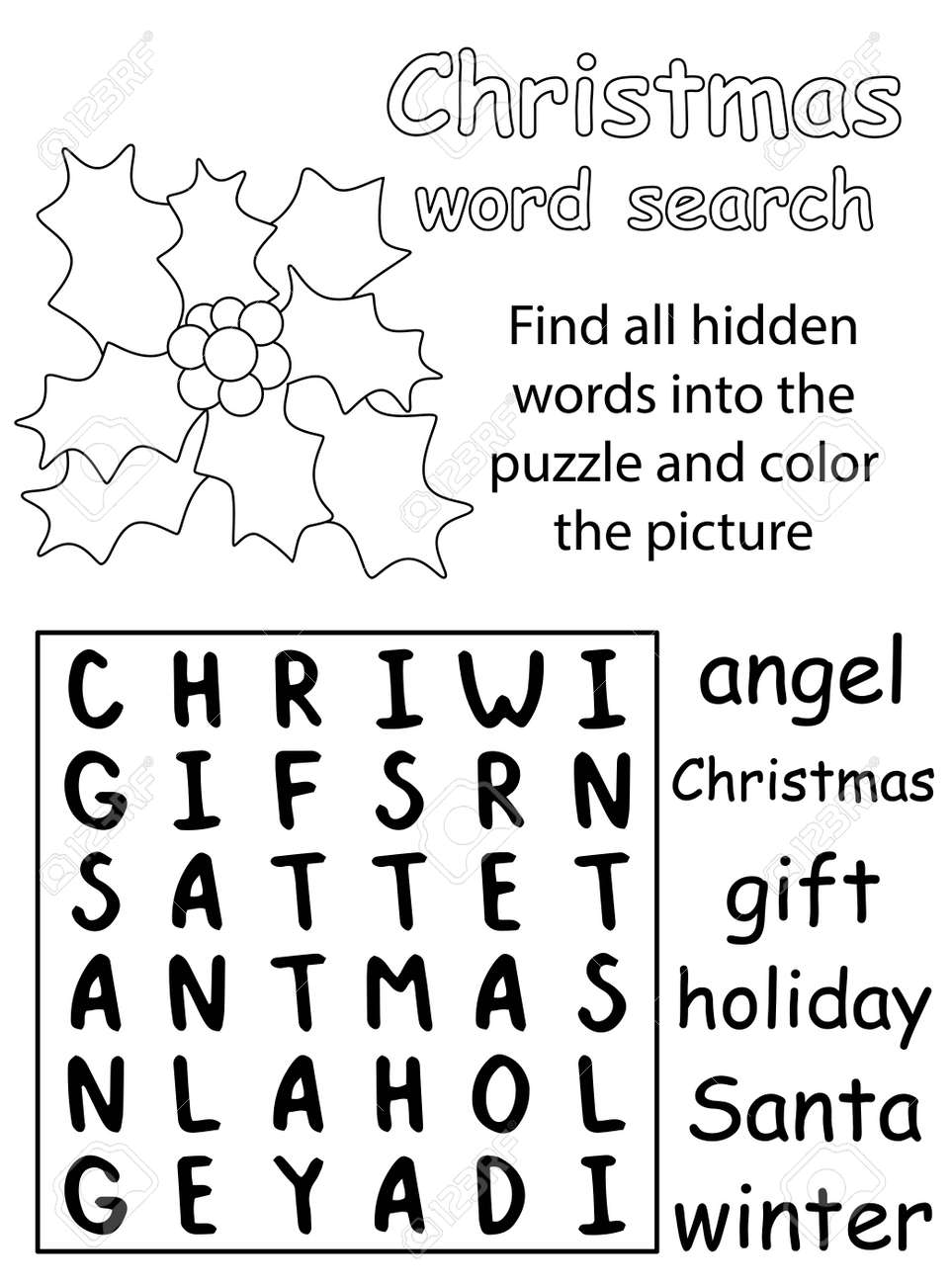 Christmas word search puzzle for kids black and white version with coloring page vector illustration find all hidden words into the puzzle and color the picture