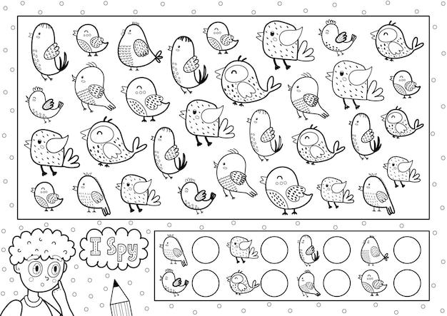Premium vector i spy game coloring page for kids find and count cute birds search the same object black and white puzzle how many elements are there