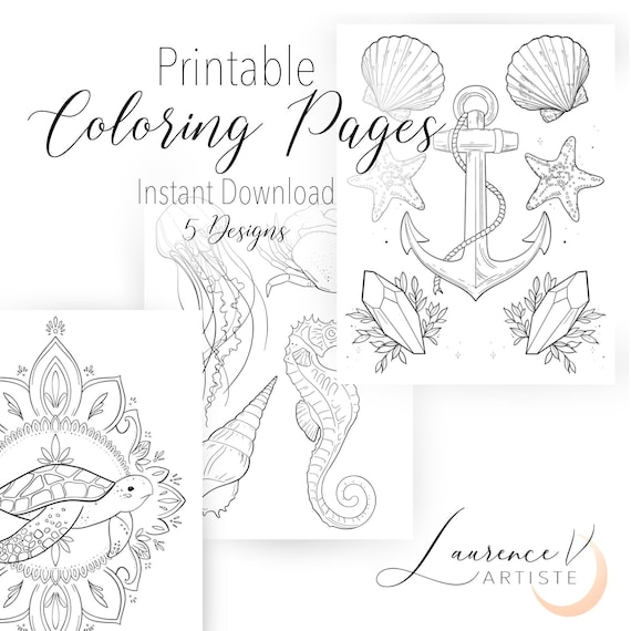Floral coloring pages printable instant download coloring pages sea ocean shell animals illustrations pdf files to print