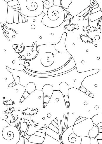 Coloring page with shell or shell in the ocean or on the seabed for print outline vector stock illustration with algae and mallus or snail stock illustration
