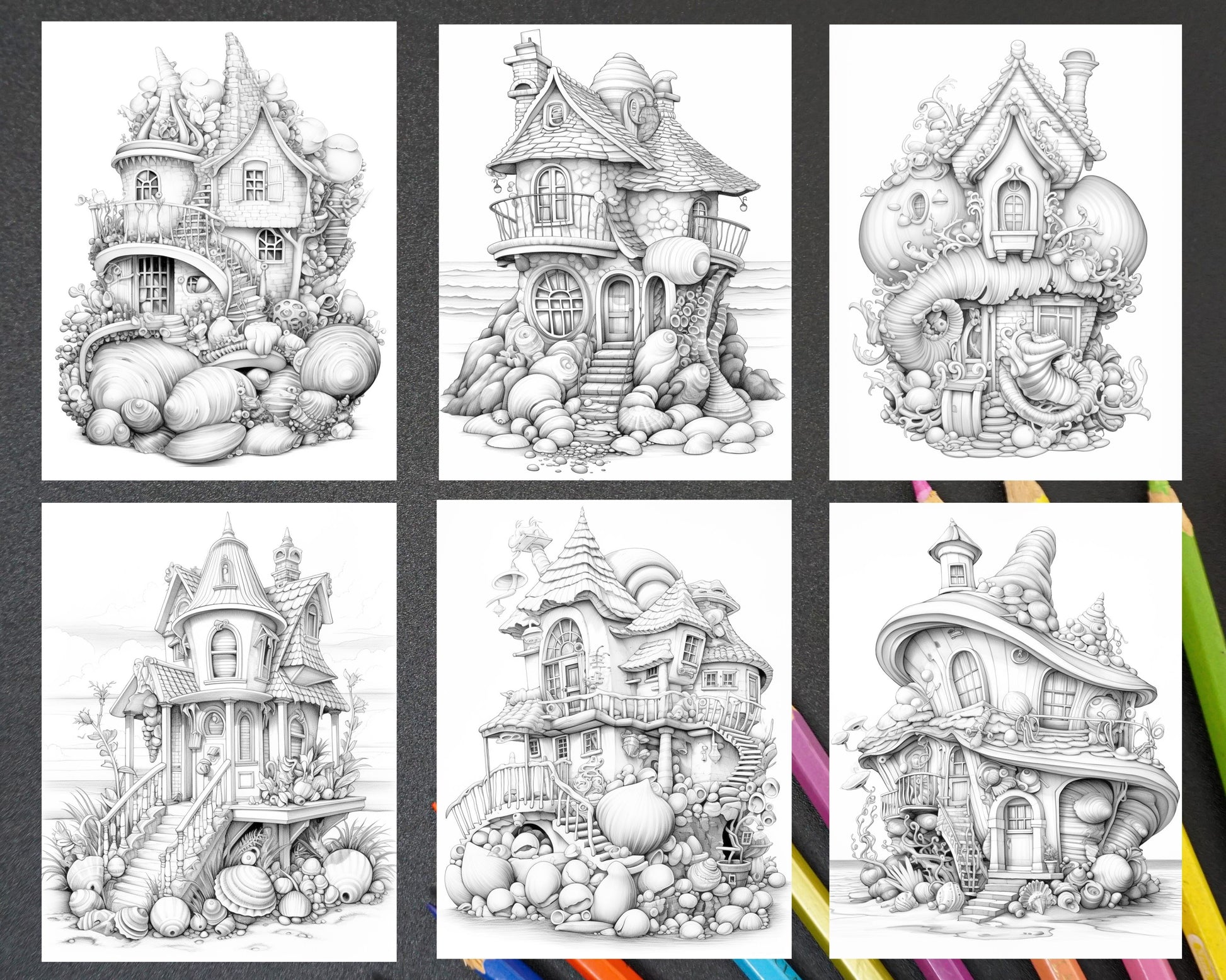 Seashell houses grayscale adult coloring pages printable pdf insta â coloring