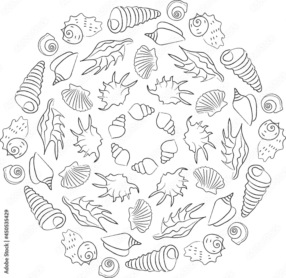 Cute coloring books for schildren sea shells marine round frame in doodle styleanti stress coloring pages with small details vector