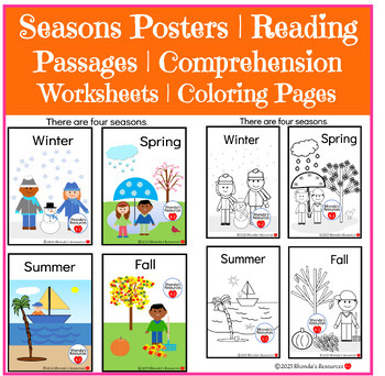 Seasons posters with seasons reading passages coloring pages writing prompts