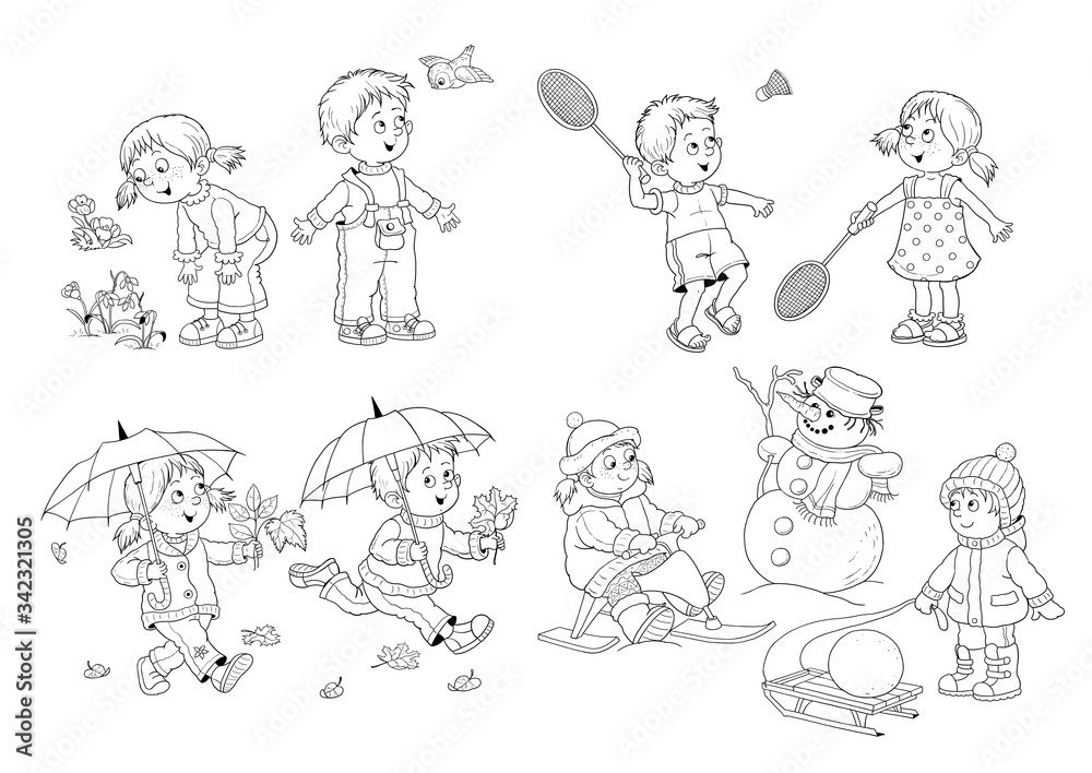 Four seasons spring summer autumn winter set of pictures cute boy and girl are playing outdoors in the forest coloring book poster illustration for children cartoon characters illustration