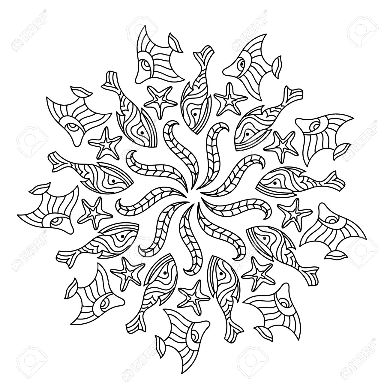 Coloring book of marine life fish and seaweed mandala hand