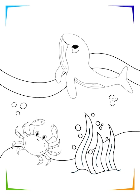 Premium vector black and white crab whale seaweed coloring page for kids marine underwater inhabitants vector illustration printable for kids worksheet for children coloring book black outlines sea life