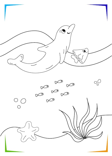 Premium vector black and white dolphin starfish seaweed coloring page for kids marine underwater inhabitants vector illustration printable for kids worksheet for children coloring book black outlines sea life