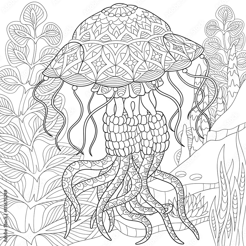 Zentangle stylized cartoon jellyfish swimming among seaweed alga hand drawn sketch for adult antistress coloring page t