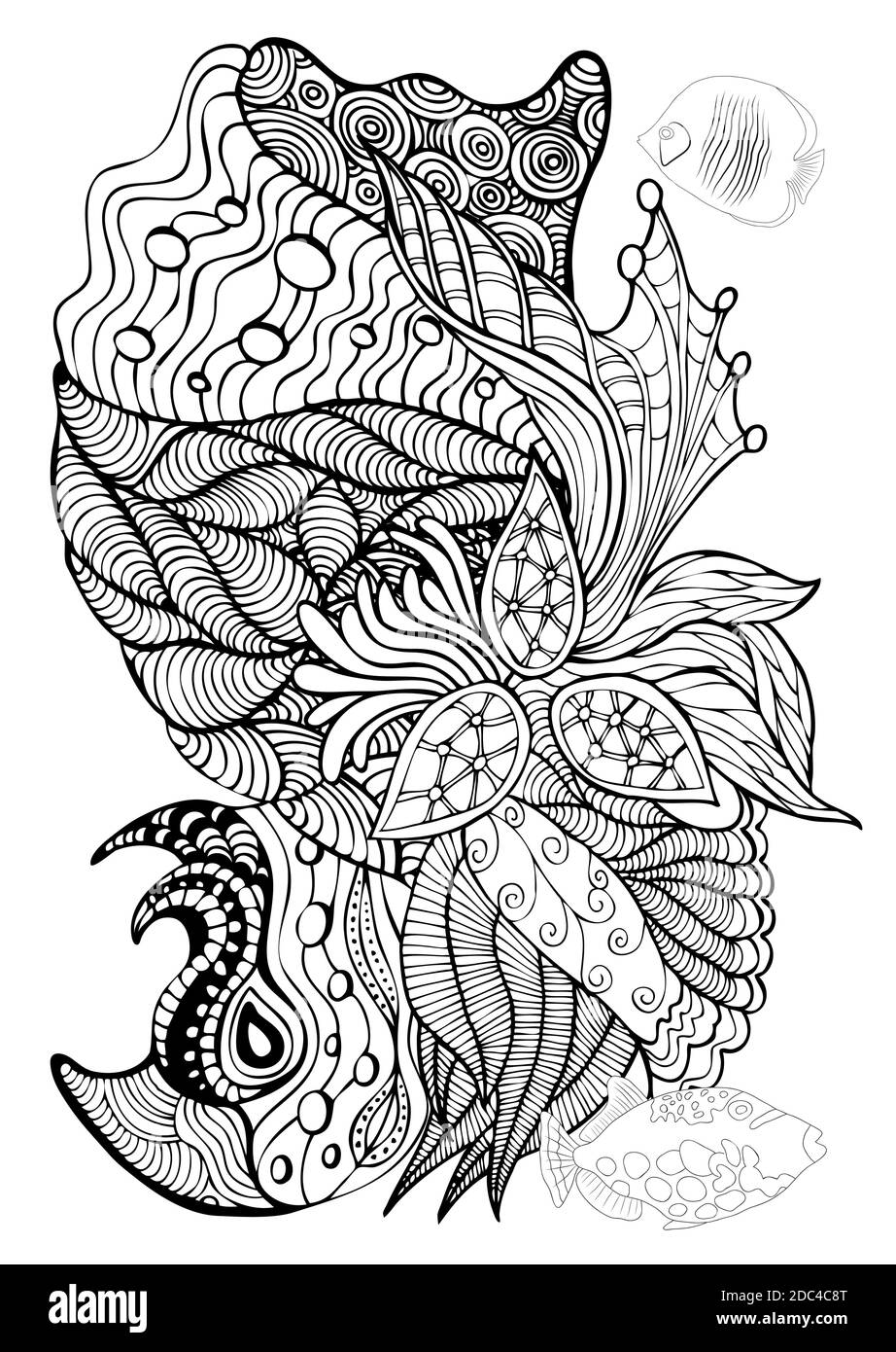 Hand drawn page in zendoodle style for adult coloring book abstract marine and floral motifs with coral fishes seashells and seaweeds elements for stock vector image art