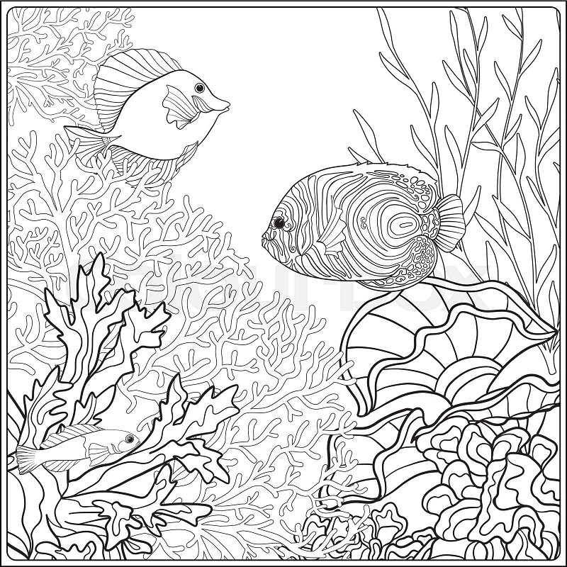 Coloring page with underwater world coral reef corals fish and seaweeds stock vector