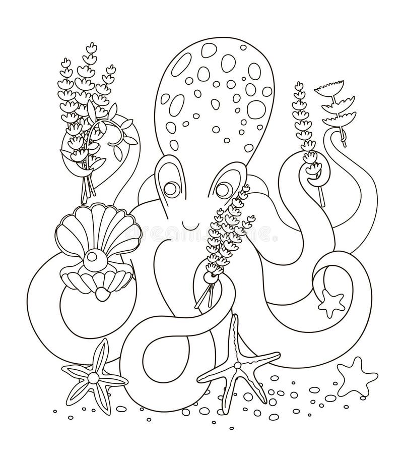 Vector beautiful coloring book for adults and children with a cute octopus that holds a shell with pearls and seaweed holiday and stock vector