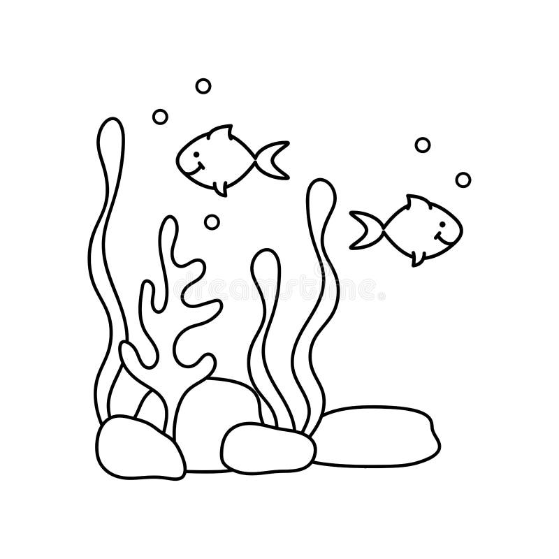Two fish seaweed and rocks sea creatures cute characters hand