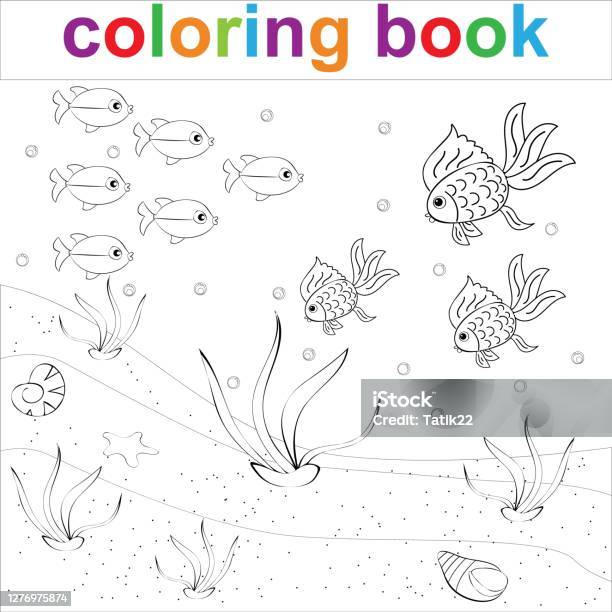 Coloring page template with fish seaweed and starfish stock illustration