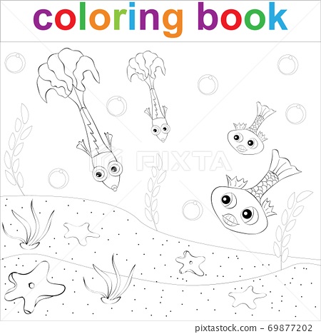 Coloring page template with fish seaweed and