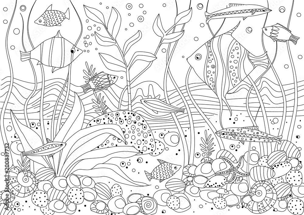 Fish tank with seaweed and rock stones for your coloring book vector